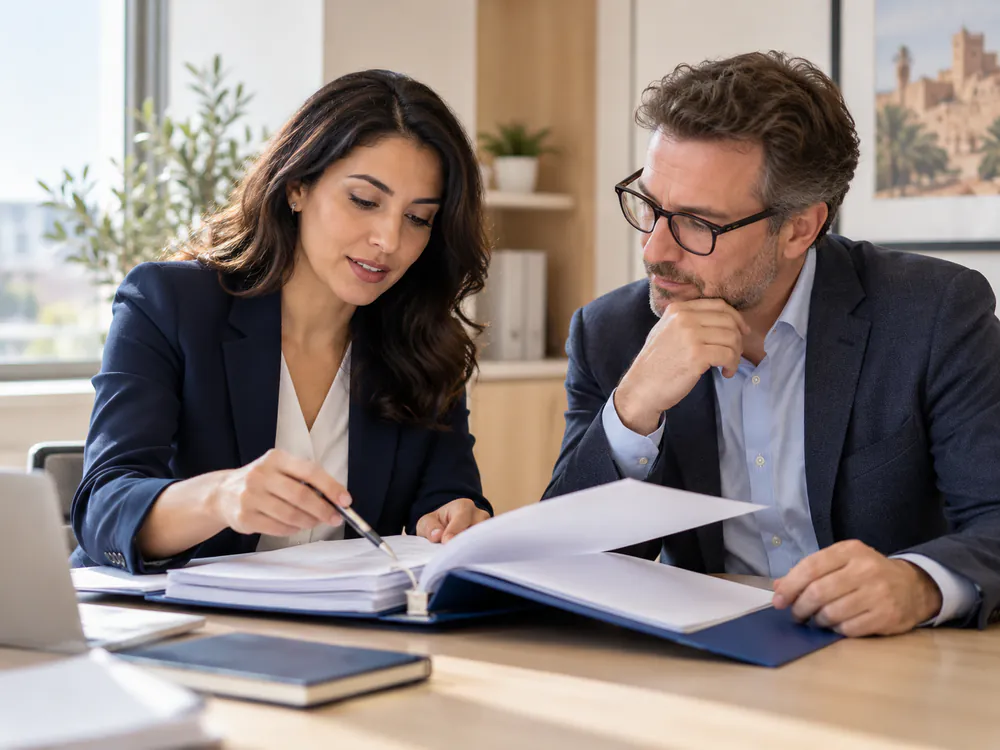 Conseillère relisant un dossier avec un client autour d’une table