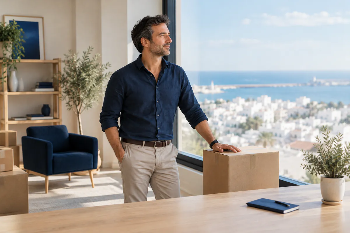 Entrepreneur étranger dans ses nouveaux bureaux au Maroc, face à la fenêtre
